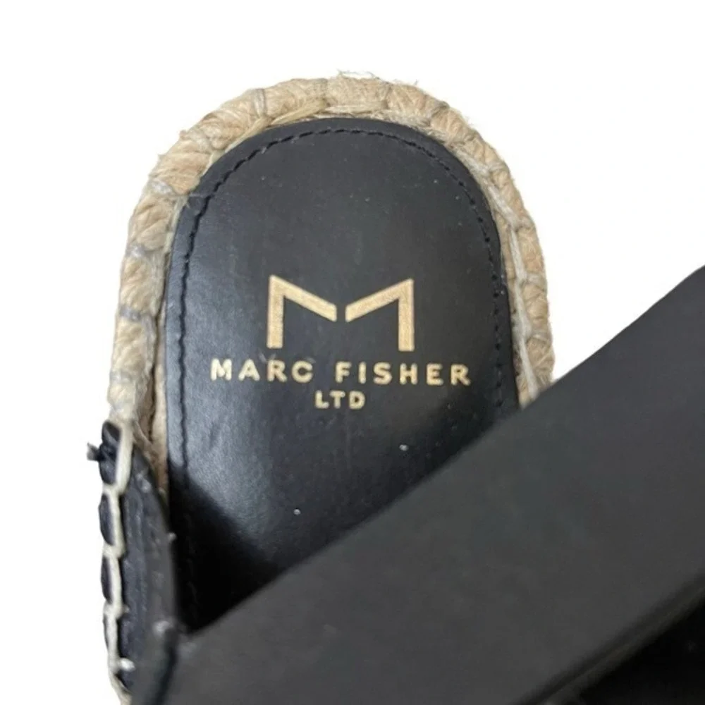 Marc Fisher LTD Wedge Sandals Womens 6.5 Alenni Espadrille Black Leather Jute‎